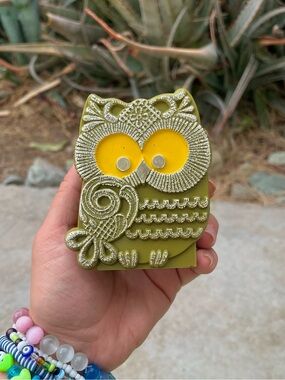 VINTAGE | Green Owl Decorative Trinket Box with Yellow Eyes